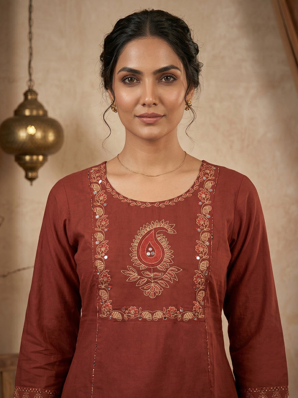 Red Printed Cotton Blend Kurta With Pant & Dupatta