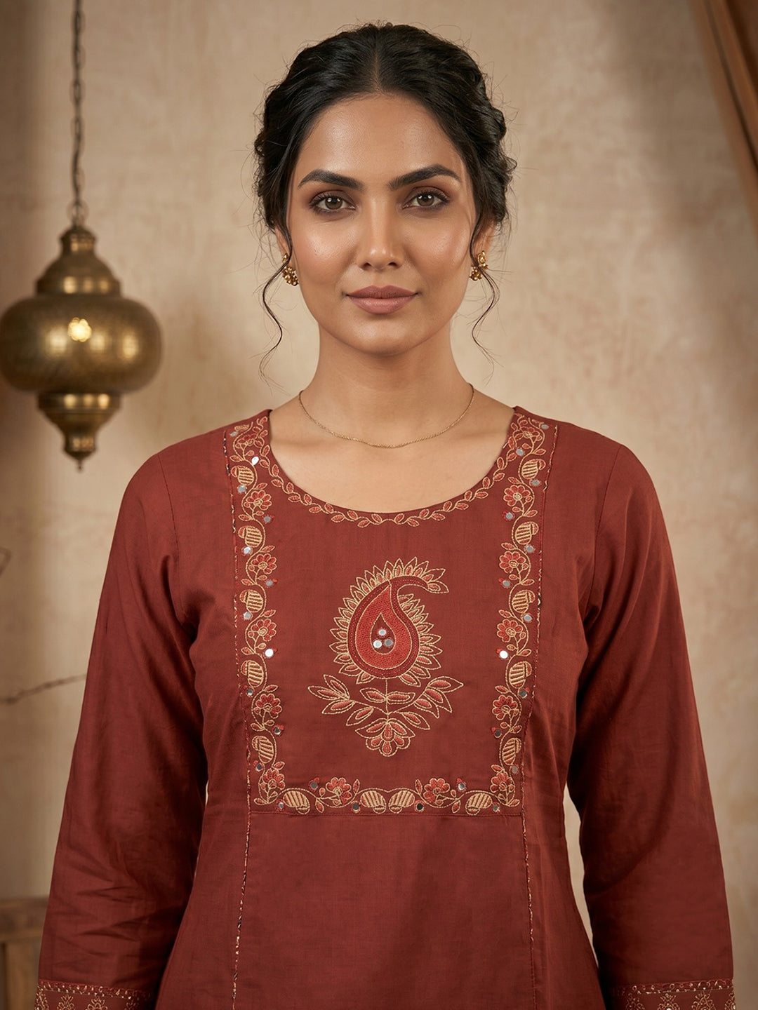 Red Printed Cotton Blend Kurta With Pant & Dupatta