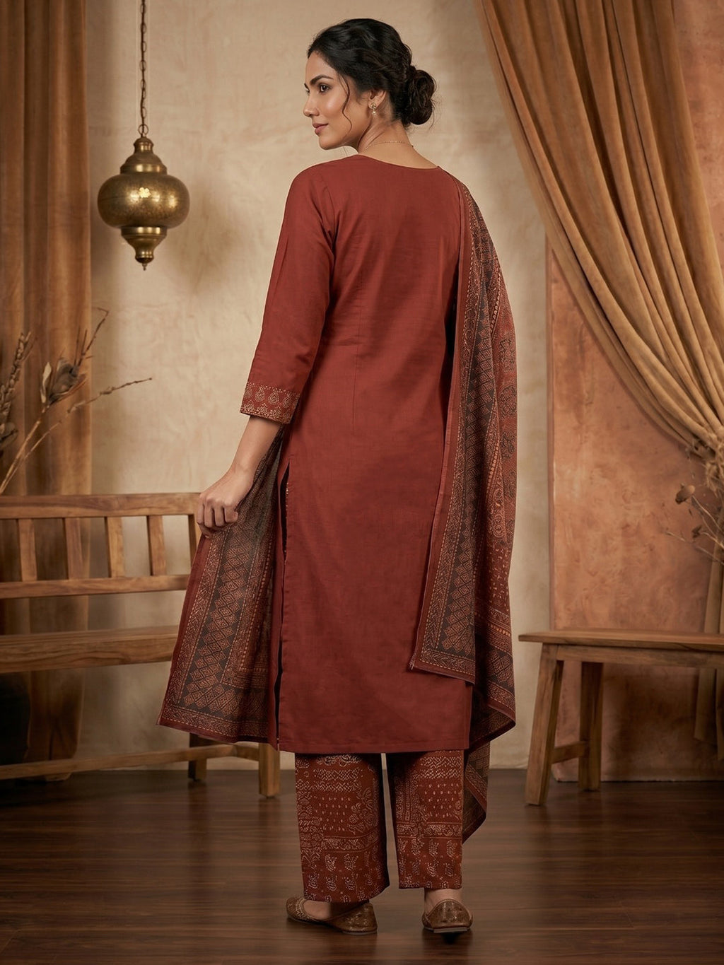Red Printed Cotton Blend Kurta With Pant & Dupatta
