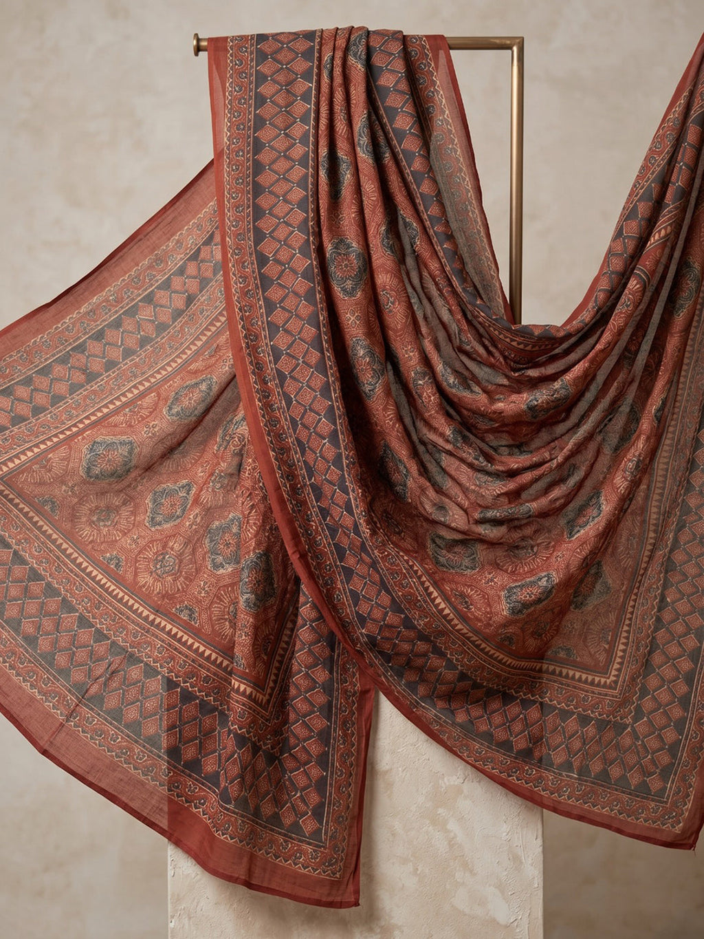 Red Printed Cotton Blend Kurta With Pant & Dupatta