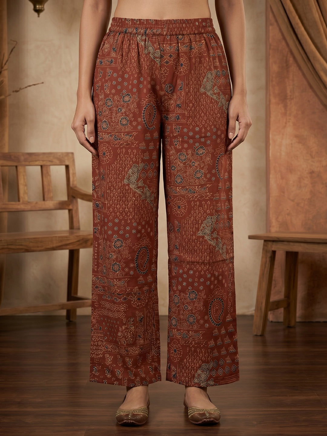Red Printed Cotton Blend Kurta With Pant & Dupatta