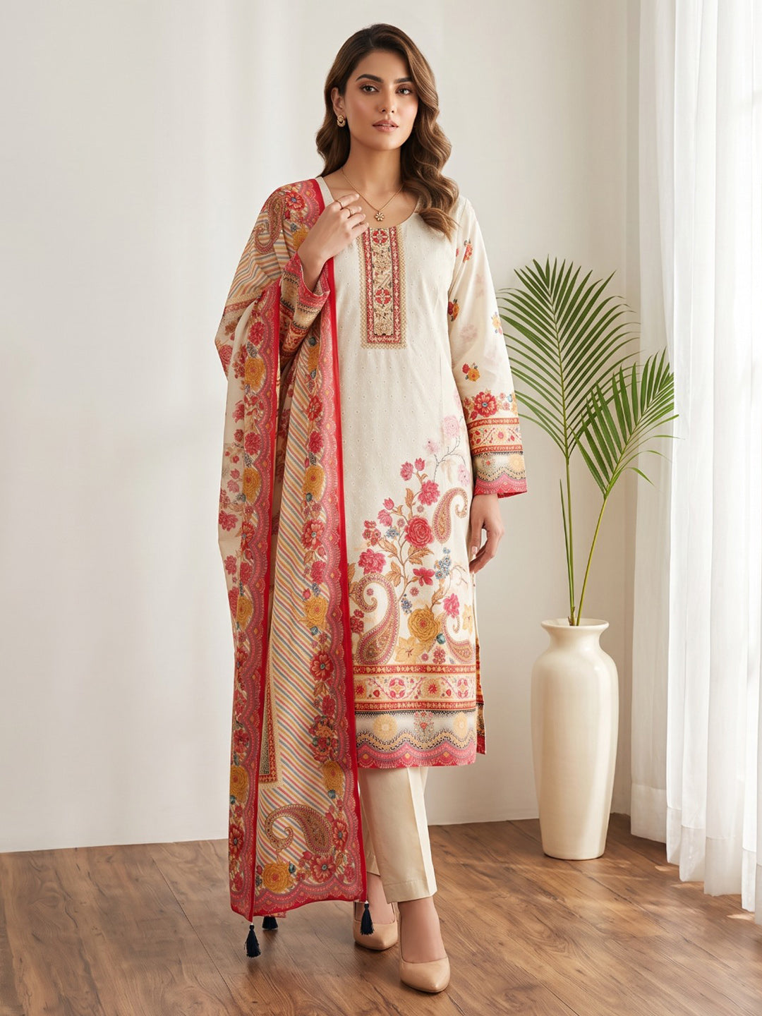 Pink Printed Cotton Blend Kurta With Pant & Dupatta