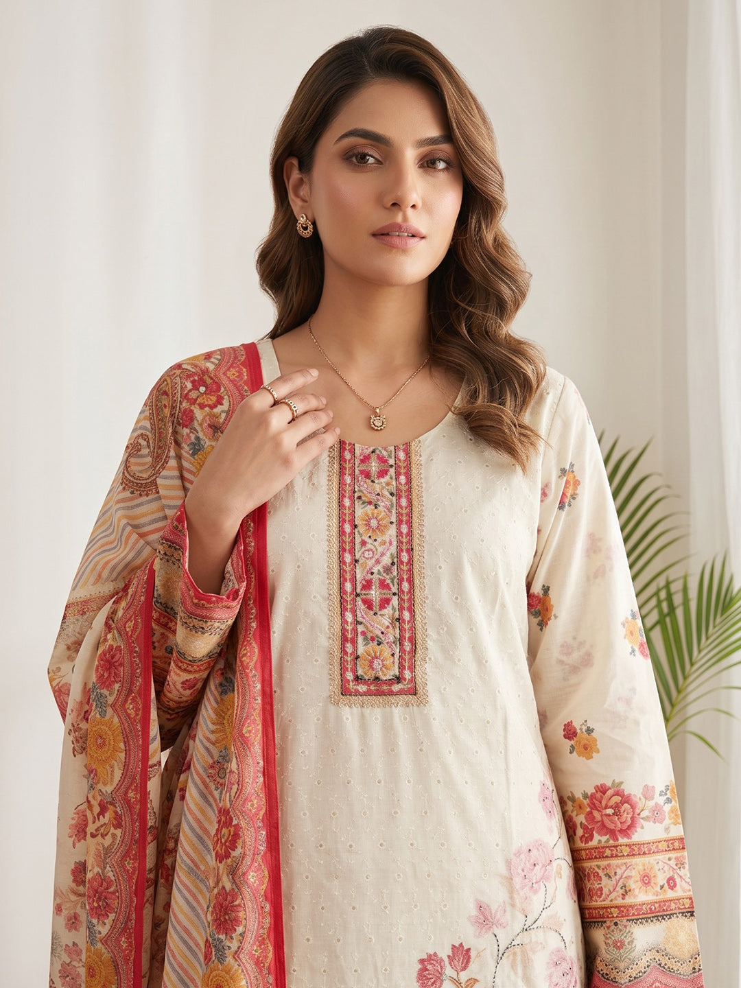Pink Printed Cotton Blend Kurta With Pant & Dupatta
