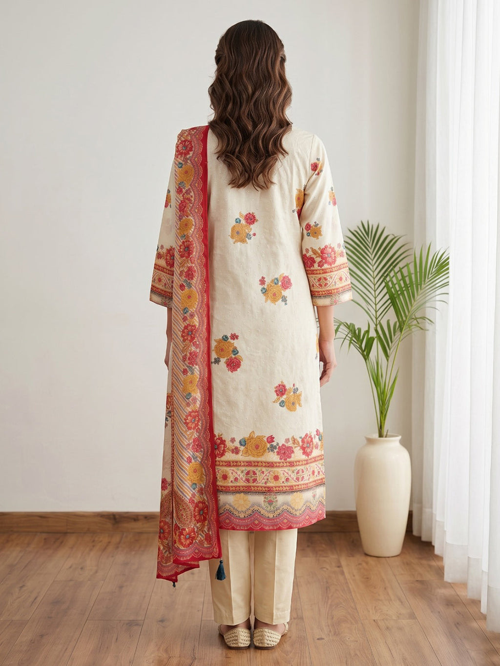 Pink Printed Cotton Blend Kurta With Pant & Dupatta