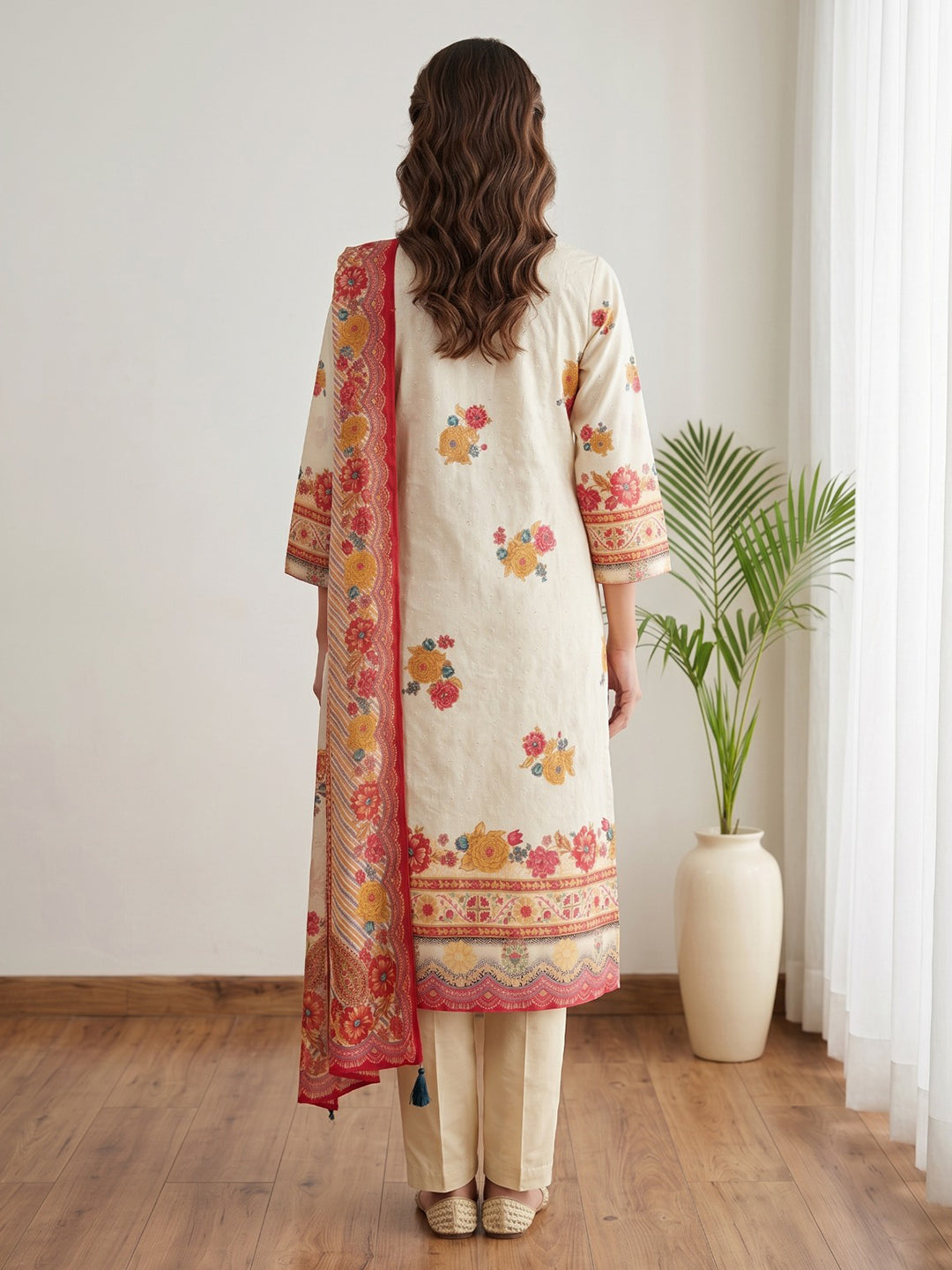 Pink Printed Cotton Blend Kurta With Pant & Dupatta