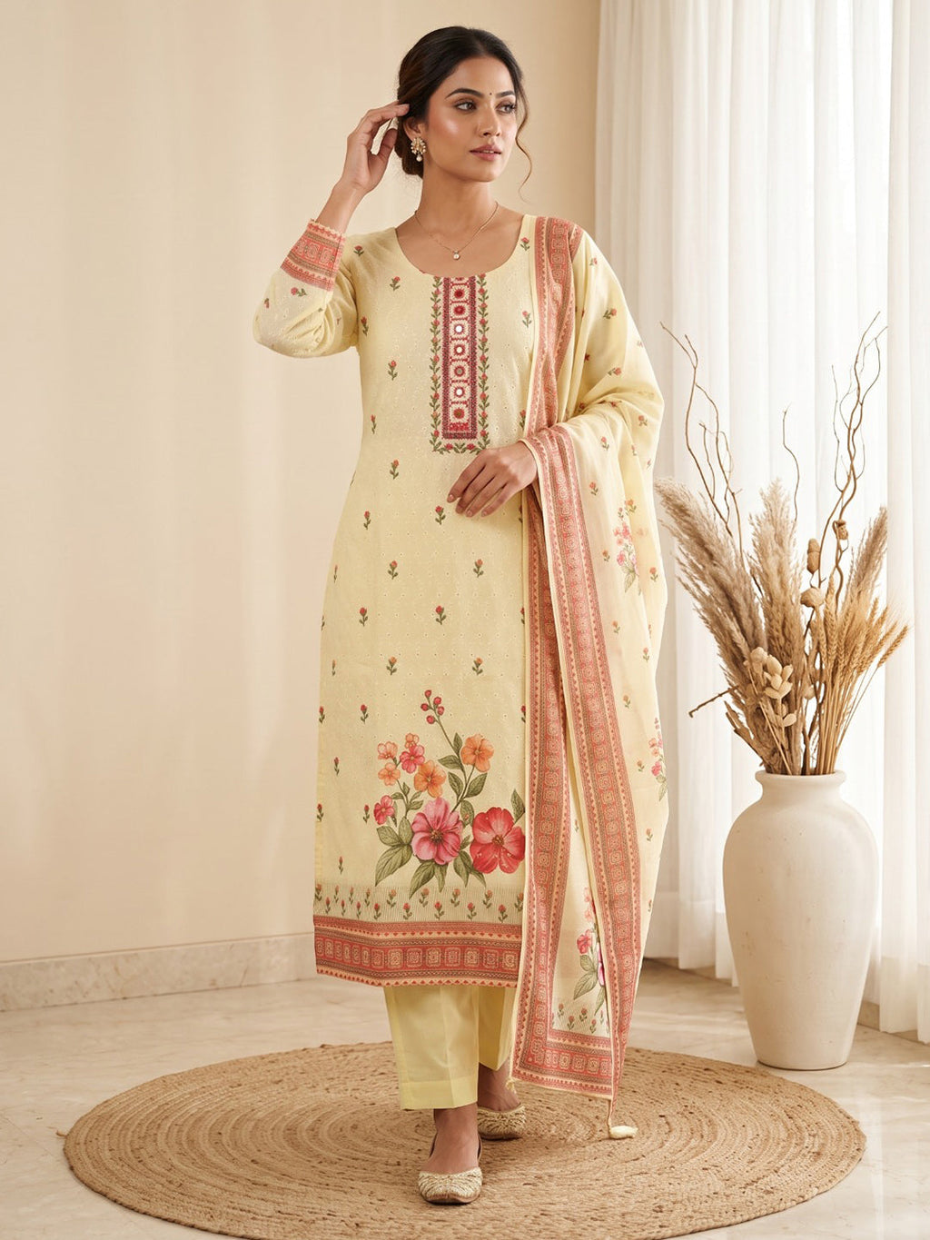 Yellow Printed Cotton Blend Kurta With Pant & Dupatta