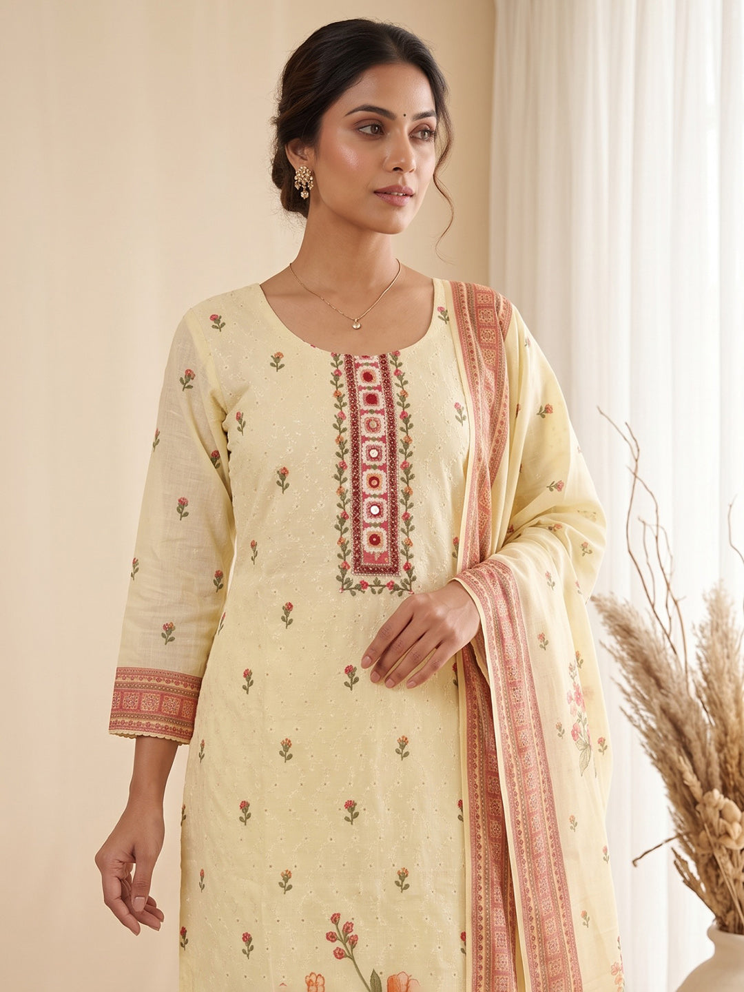 Yellow Printed Cotton Blend Kurta With Pant & Dupatta
