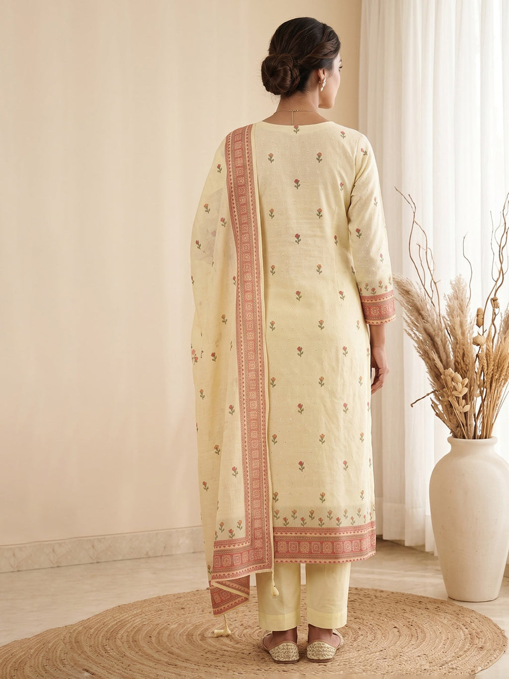 Yellow Printed Cotton Blend Kurta With Pant & Dupatta