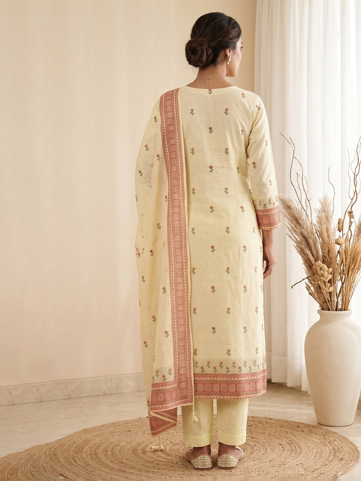 Yellow Printed Cotton Blend Kurta With Pant &amp; Dupatta