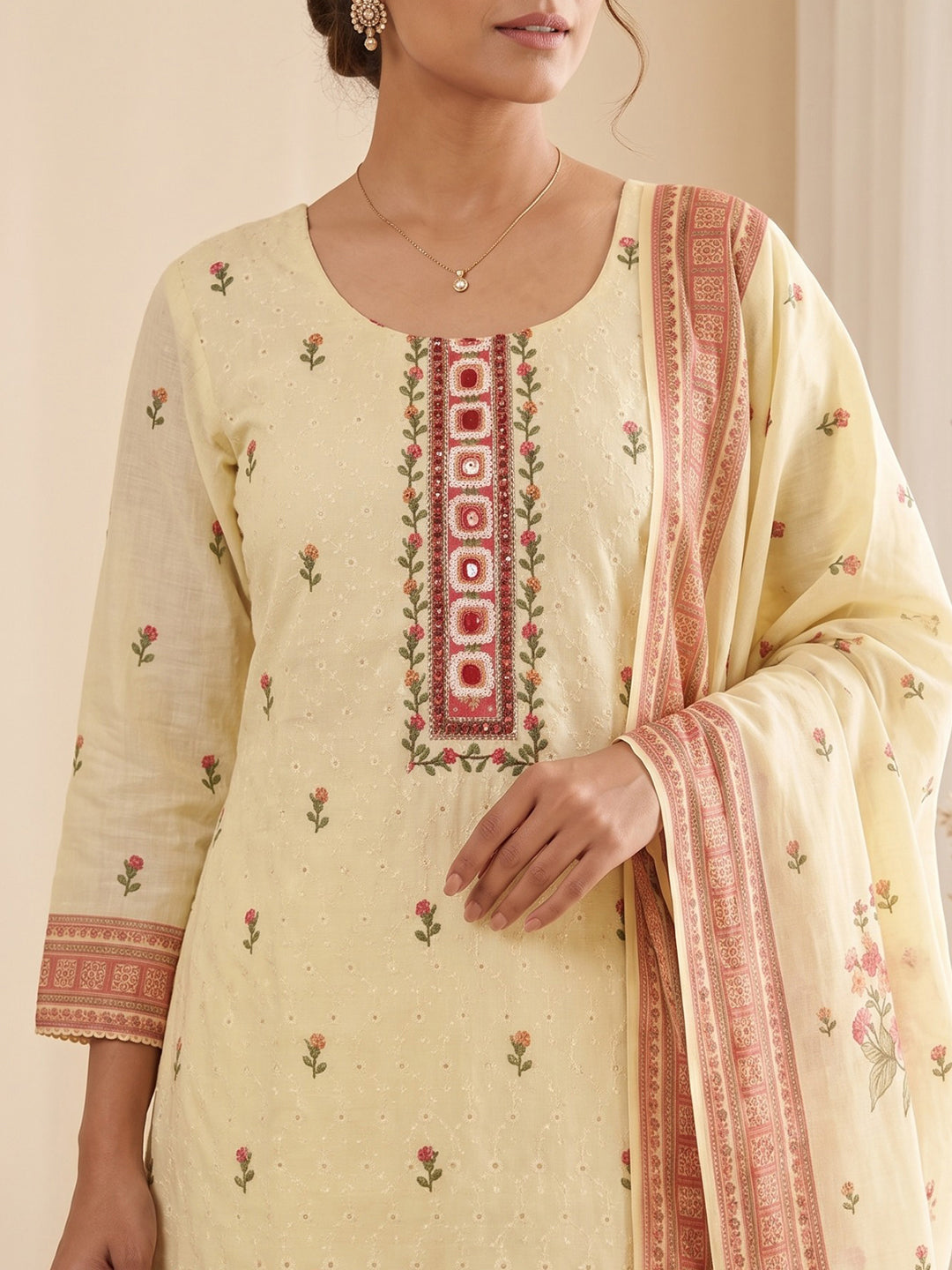 Yellow Printed Cotton Blend Kurta With Pant & Dupatta