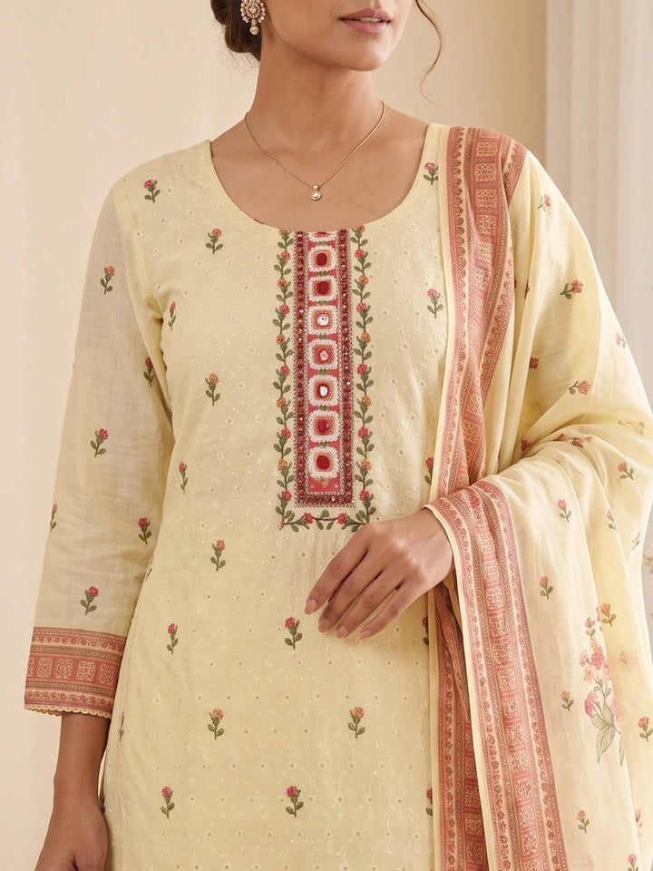 Yellow Printed Cotton Blend Kurta With Pant &amp; Dupatta