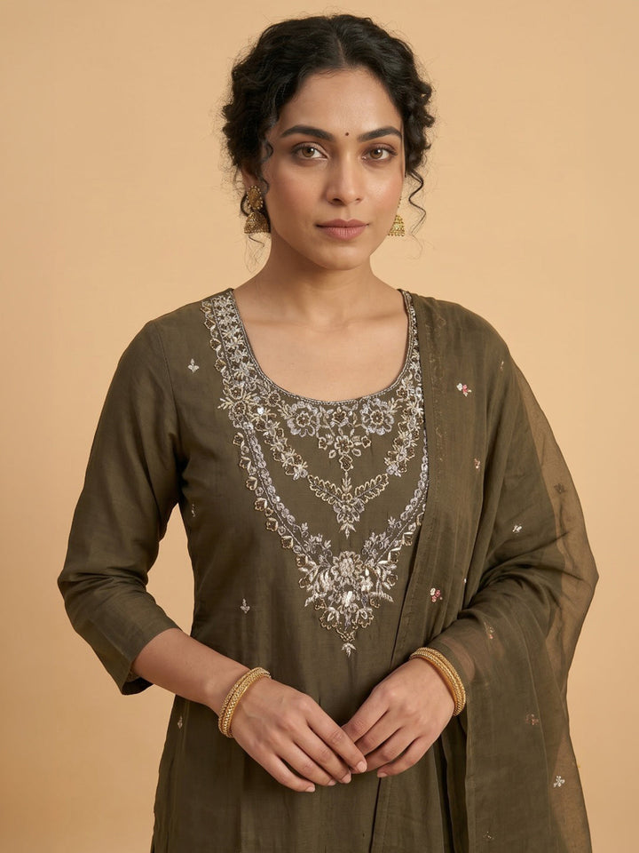 Brown Embroidered Chanderi Kurta With Pant &amp; Dupatta