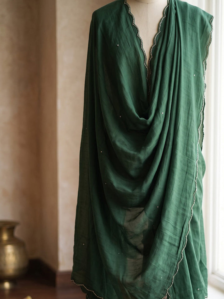 Green Embroidered Chanderi Kurta With Pant &amp; Dupatta