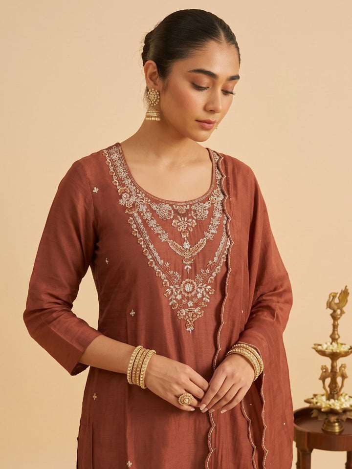 Rust Embroidered Chanderi Kurta With Pant &amp; Dupatta