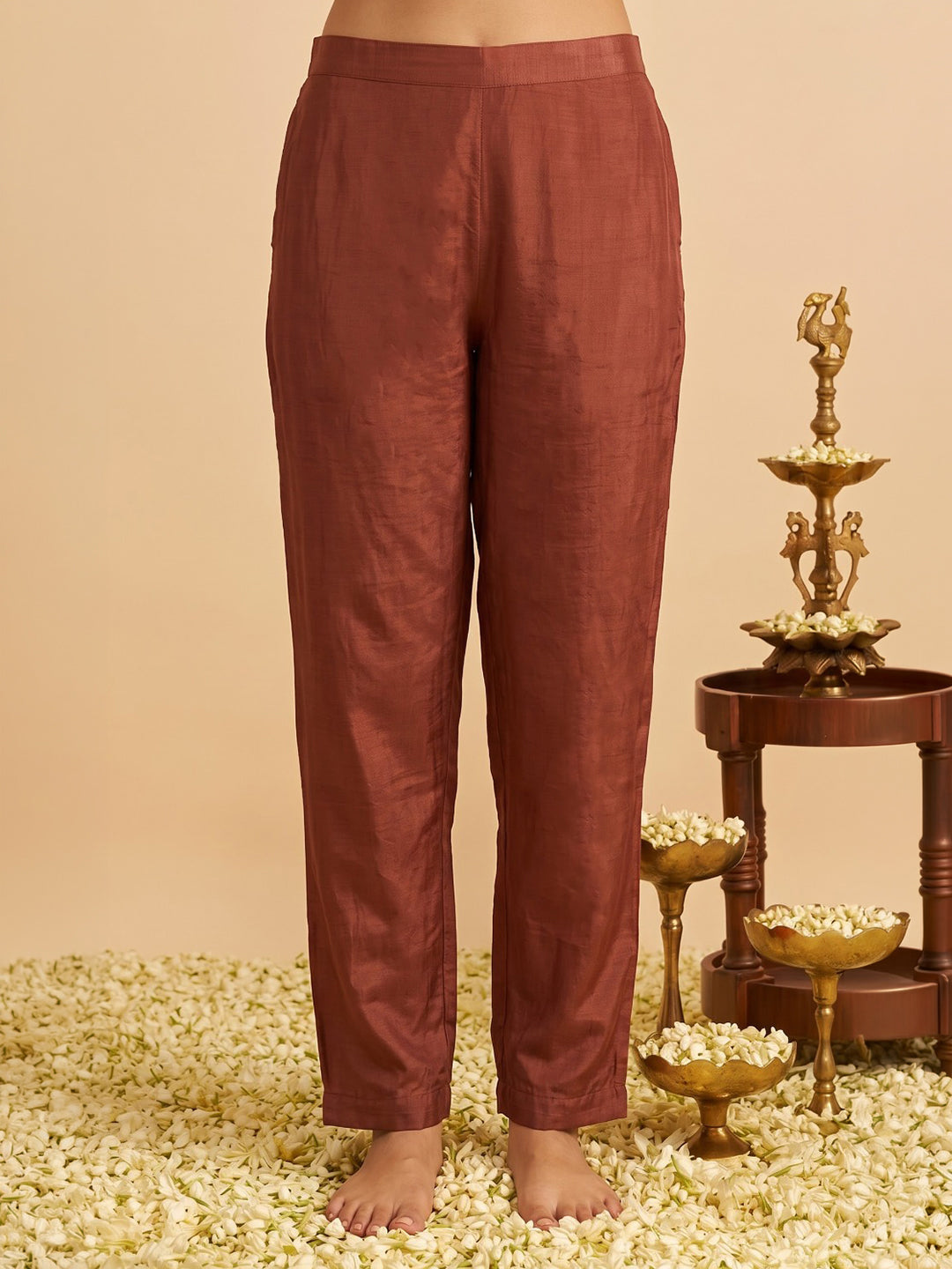 Rust Embroidered Chanderi Kurta With Pant &amp; Dupatta