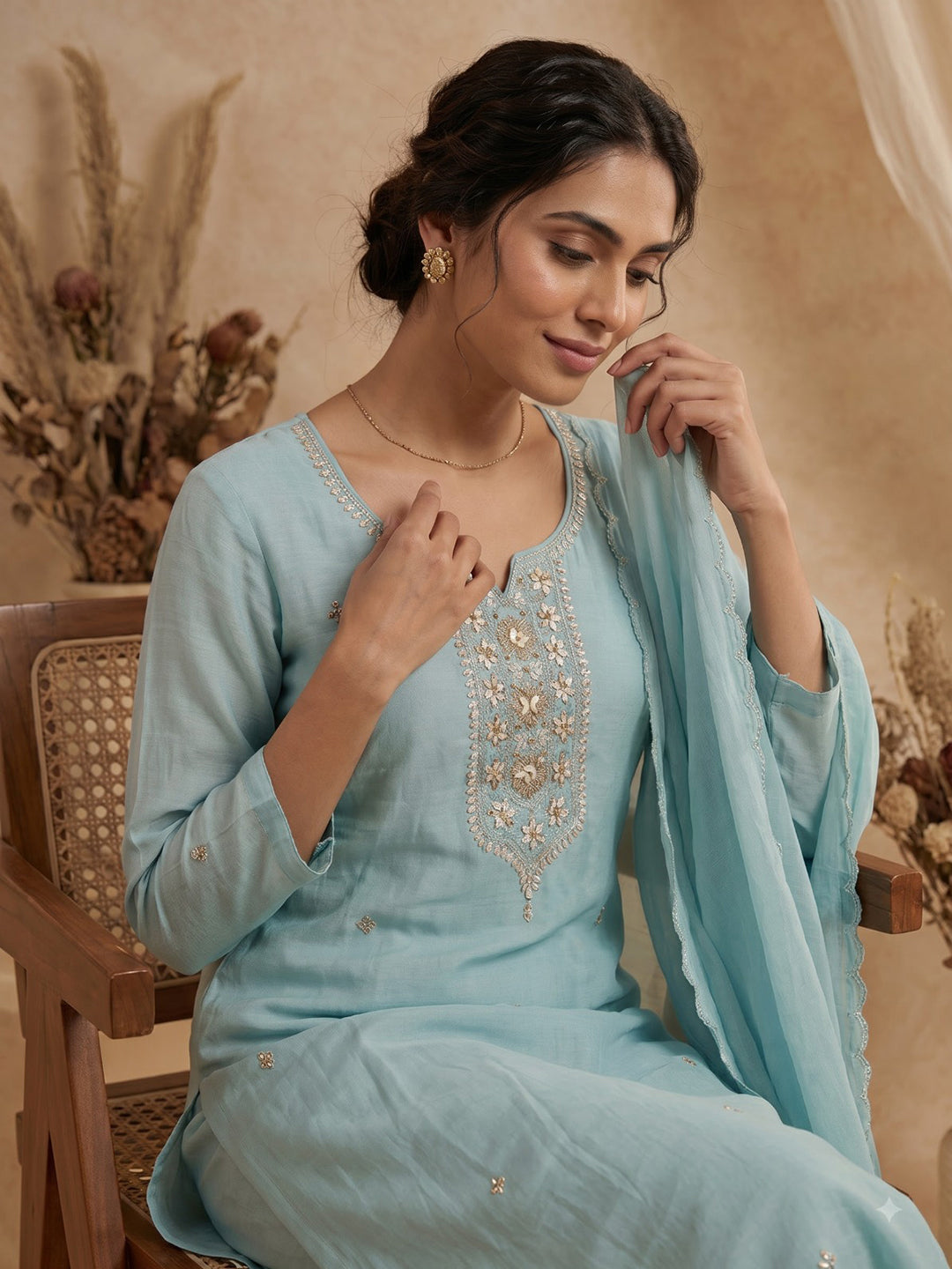 Sky Blue Embroidered Chanderi Kurta With Pant &amp; Dupatta