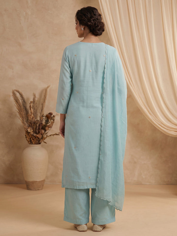 Sky Blue Embroidered Chanderi Kurta With Pant &amp; Dupatta
