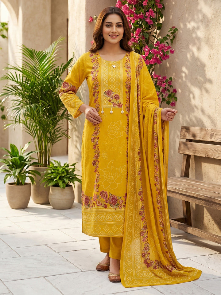 Yellow Printed Cotton Blend Straight Round Neck Suit Set