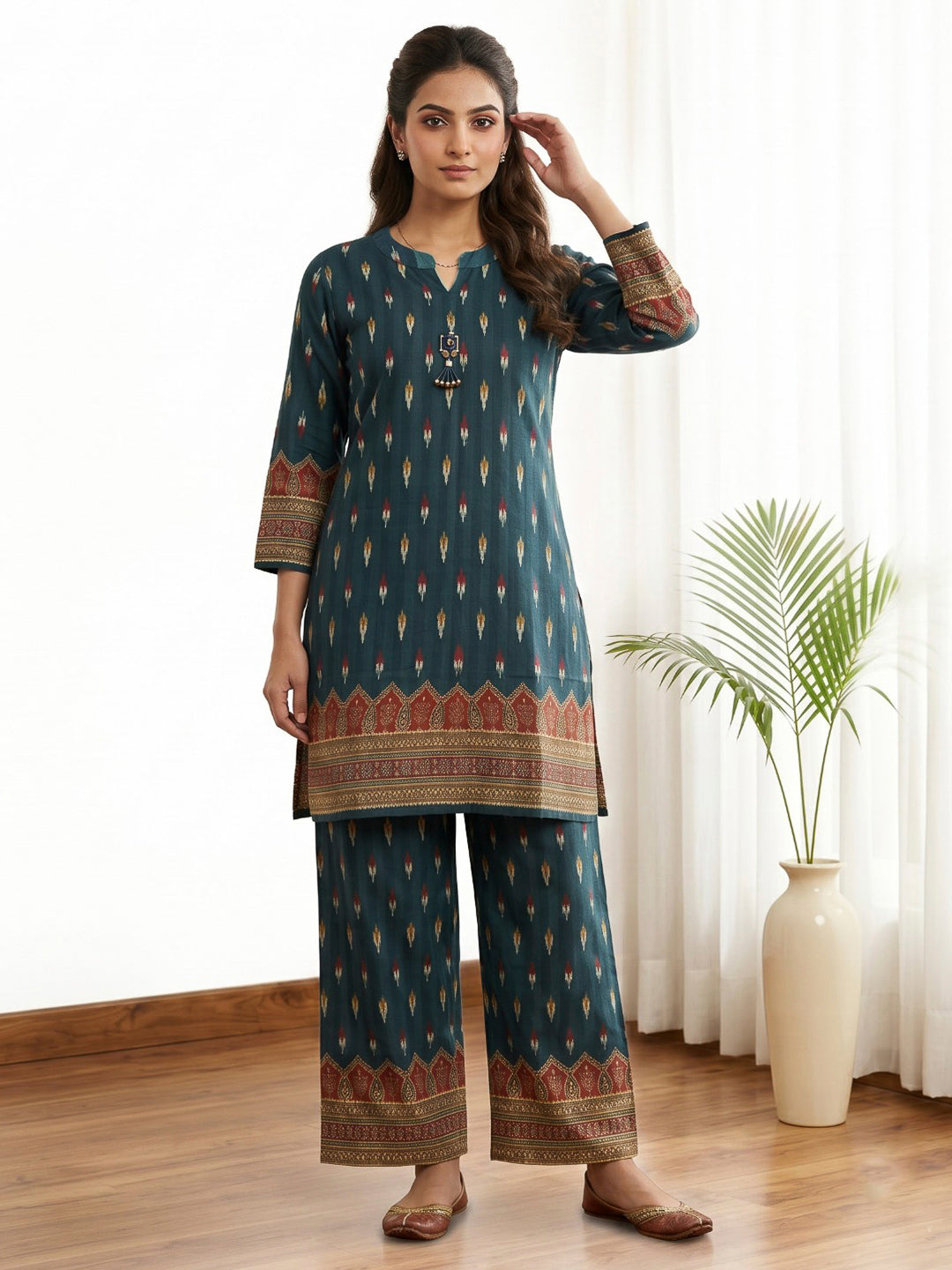 Blue Embroidered Cotton Blend Kurta Set