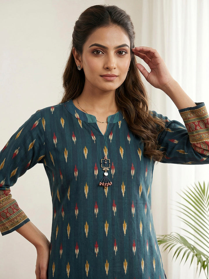 Blue Embroidered Cotton Blend Kurta Set