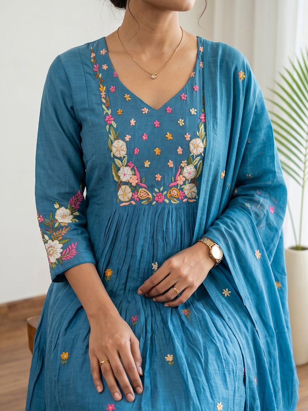 Blue Printed Chanderi Kurta With Pant &amp; Dupatta