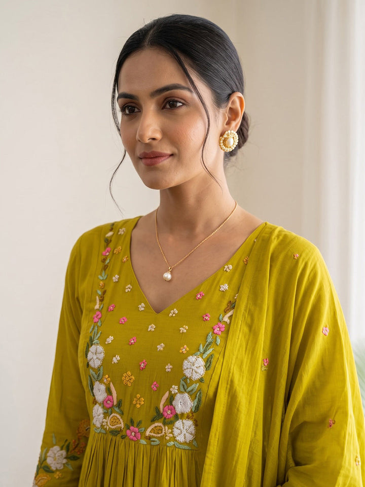 Yellow Printed Chanderi Kurta With Pant &amp; Dupatta