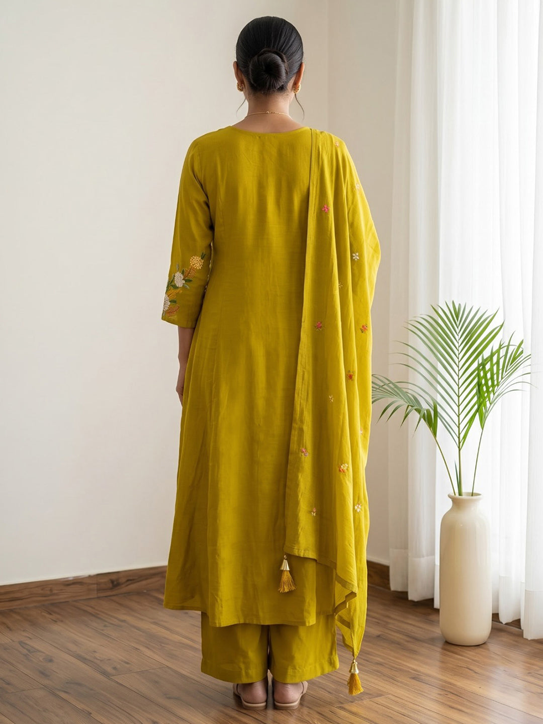 Yellow Printed Chanderi Kurta With Pant &amp; Dupatta