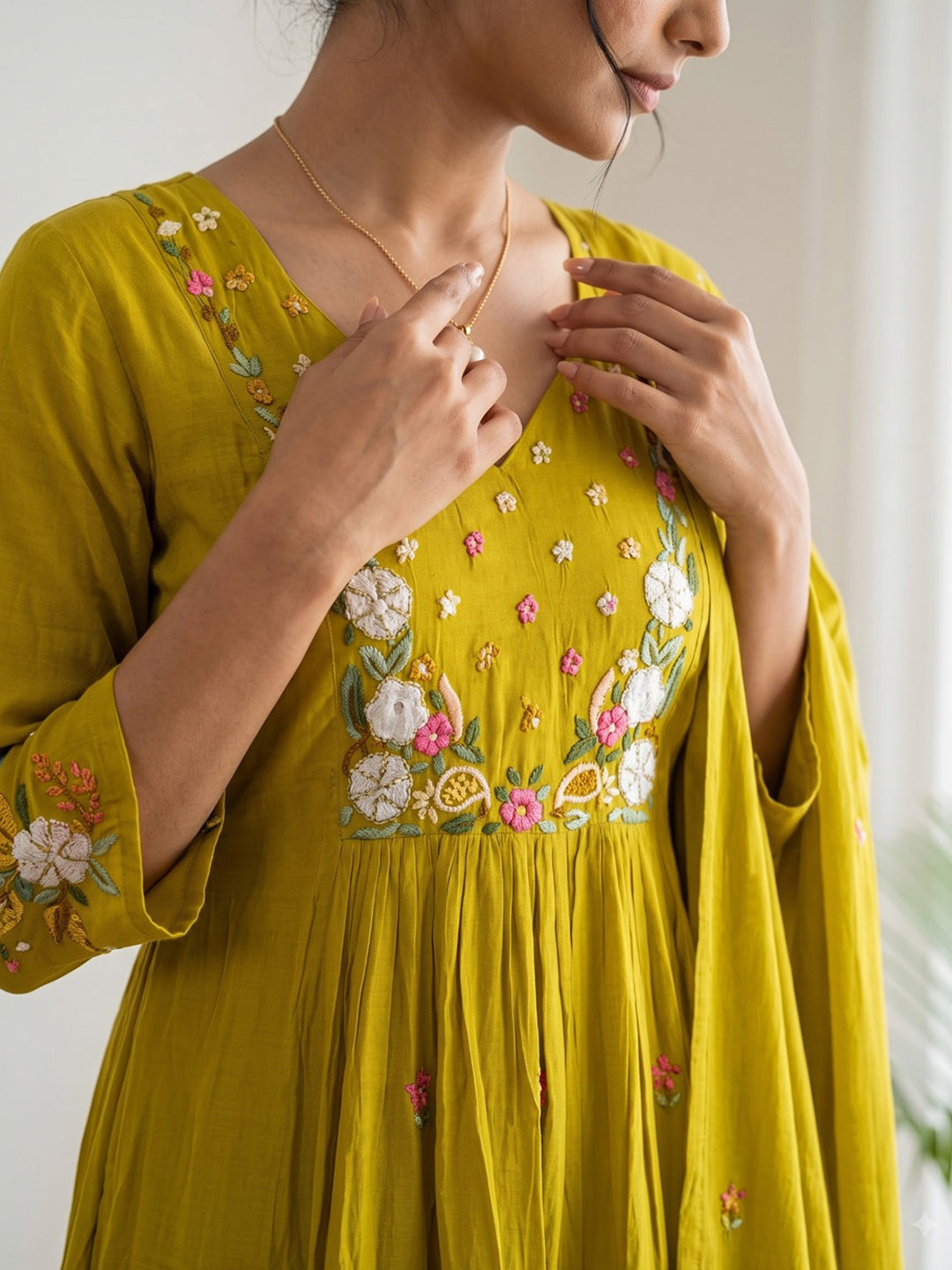 Yellow Printed Chanderi Kurta With Pant &amp; Dupatta