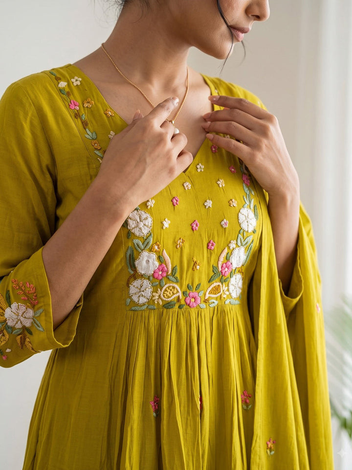 Yellow Printed Chanderi Kurta With Pant &amp; Dupatta