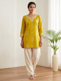 Mustard Cotton Blend Round Neck Printed Kurta