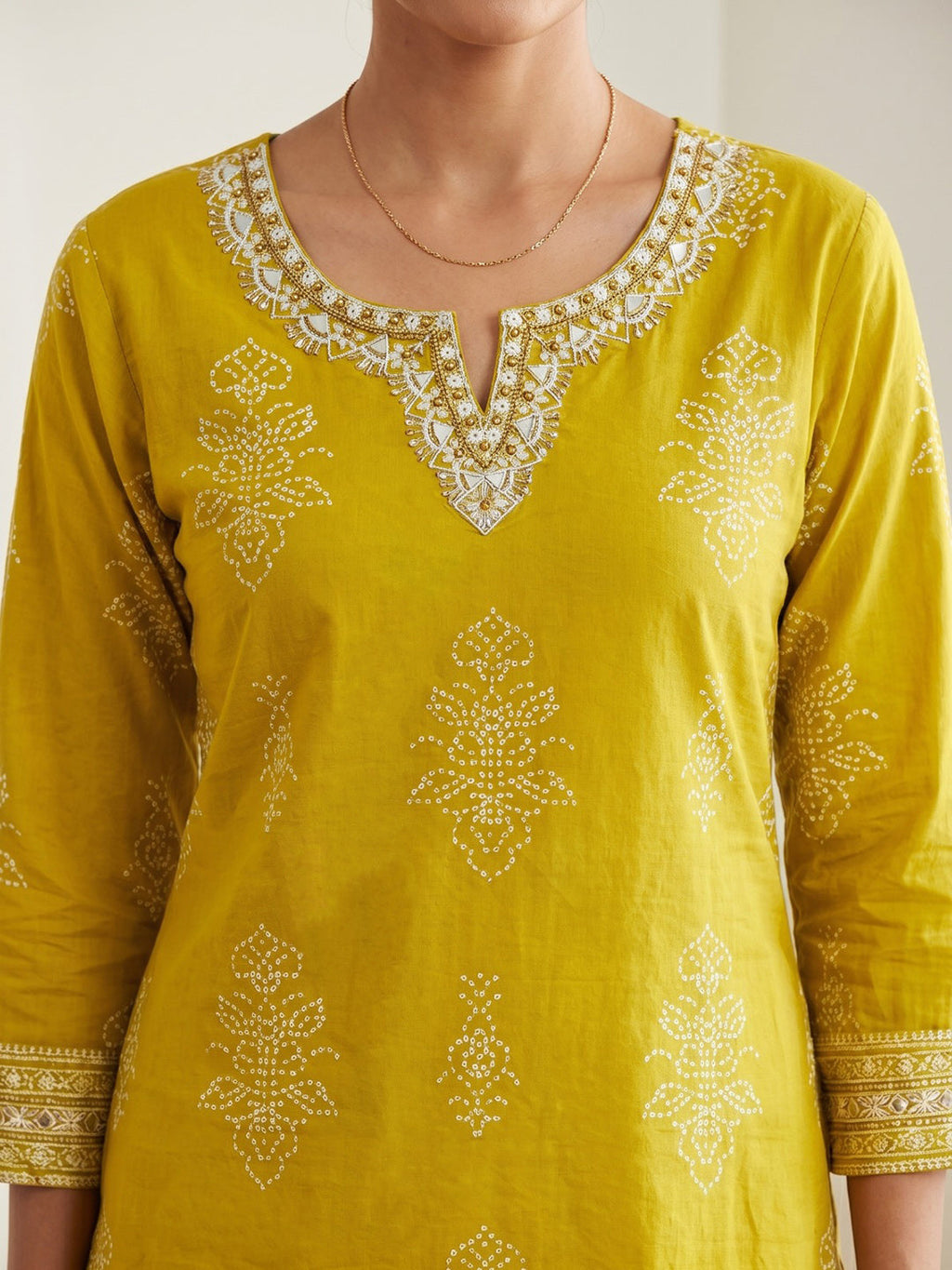 Mustard Cotton Blend Round Neck Printed Kurta