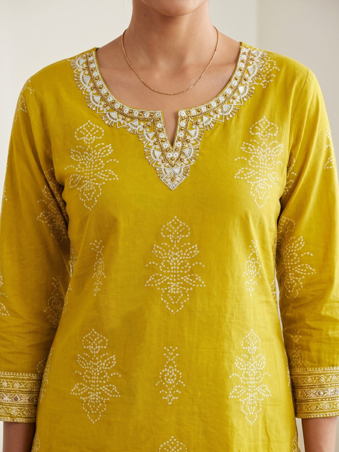 Mustard Cotton Blend Round Neck Printed Kurta