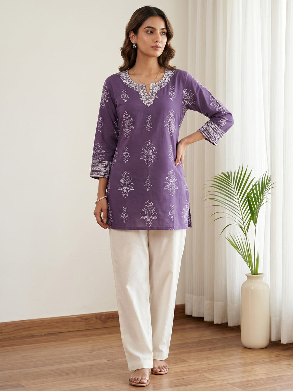 Purple Cotton Blend Round Neck Printed Kurta
