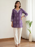 Purple Cotton Blend Round Neck Printed Kurta