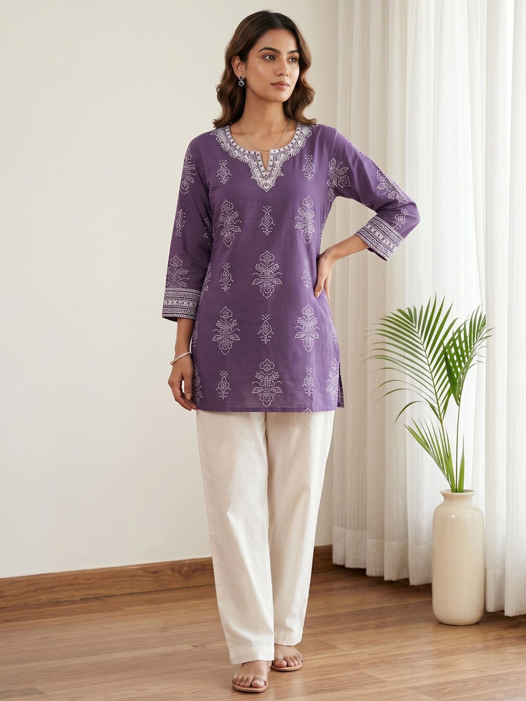 Purple Cotton Blend Round Neck Printed Kurta