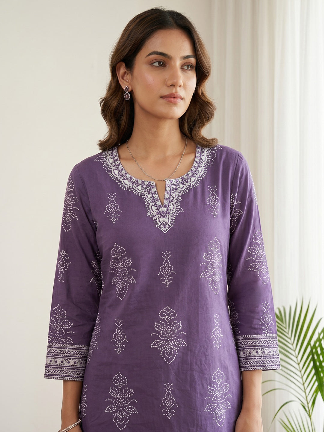 Purple Cotton Blend Round Neck Printed Kurta