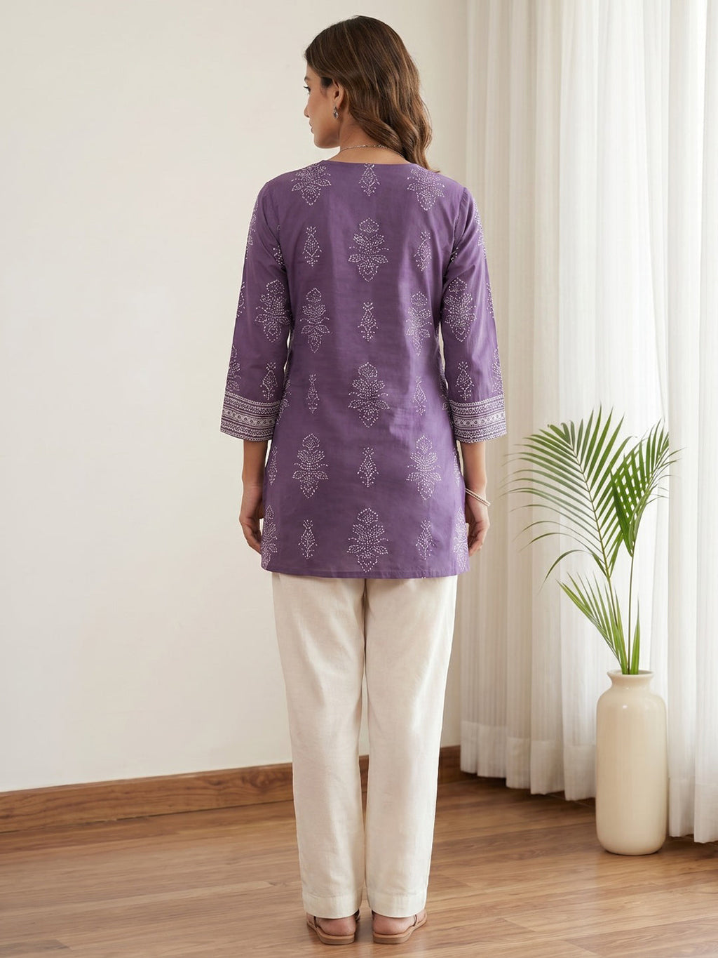 Purple Cotton Blend Round Neck Printed Kurta