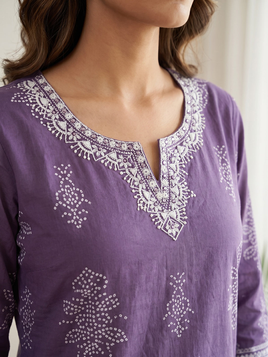 Purple Cotton Blend Round Neck Printed Kurta