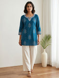 Teal Blue Cotton Blend Round Neck Printed Kurta