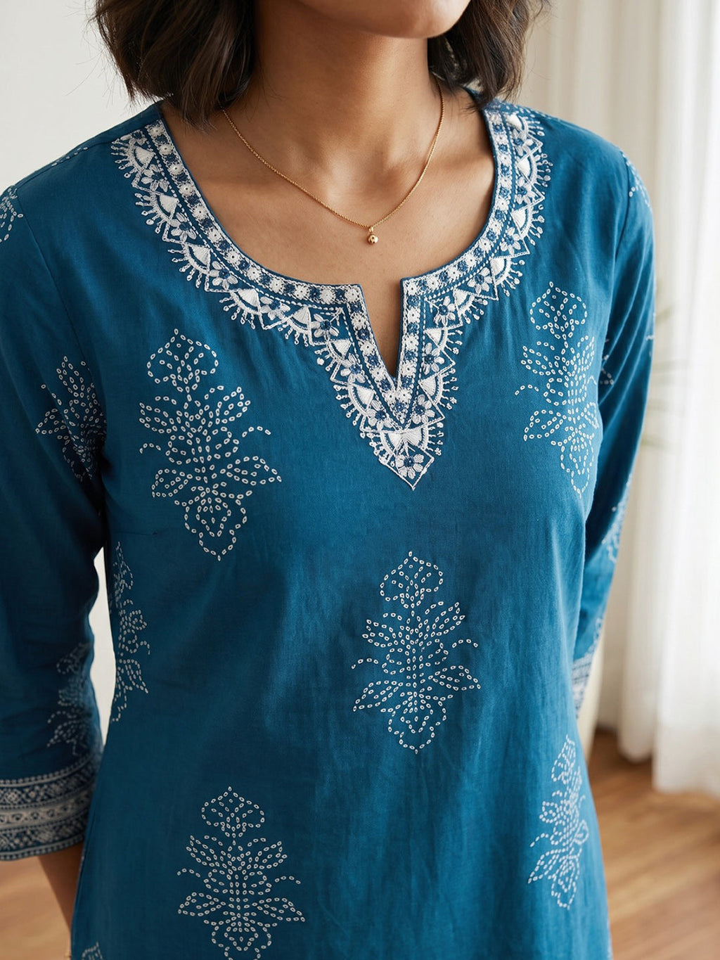 Teal Blue Cotton Blend Round Neck Printed Kurta