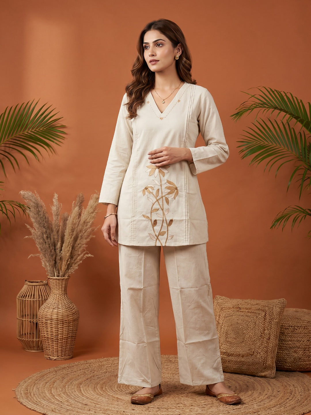 Cream Printed Cotton Blend V Neck Kurta Set