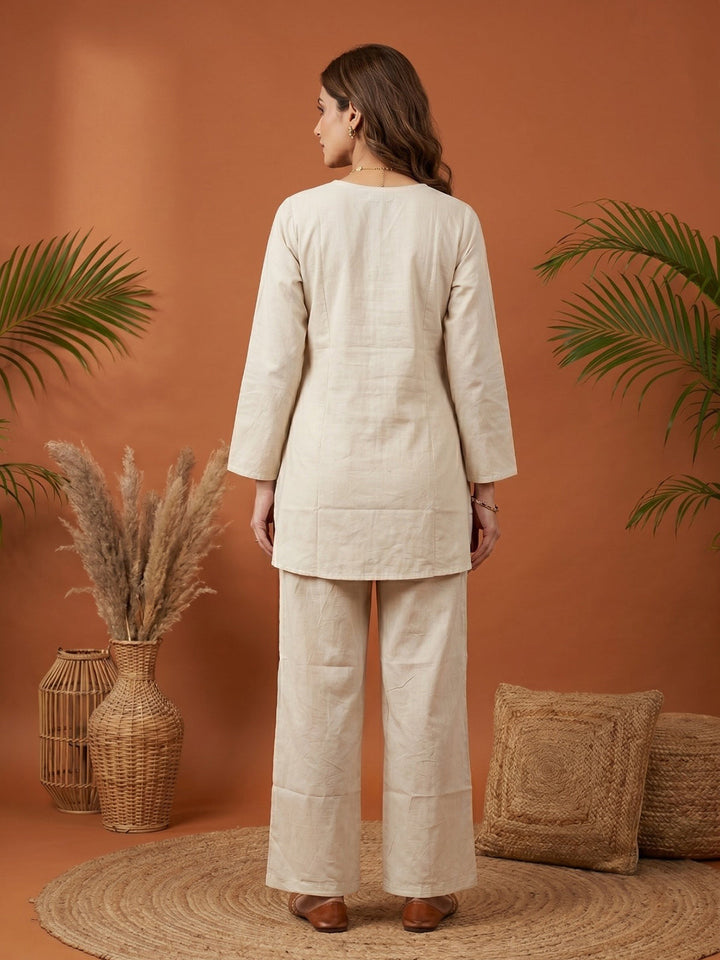 Cream Printed Cotton Blend V Neck Kurta Set