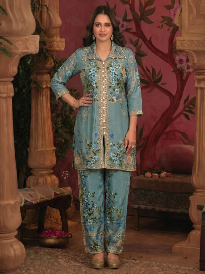Grey Embroidered Crepe Kurta Set