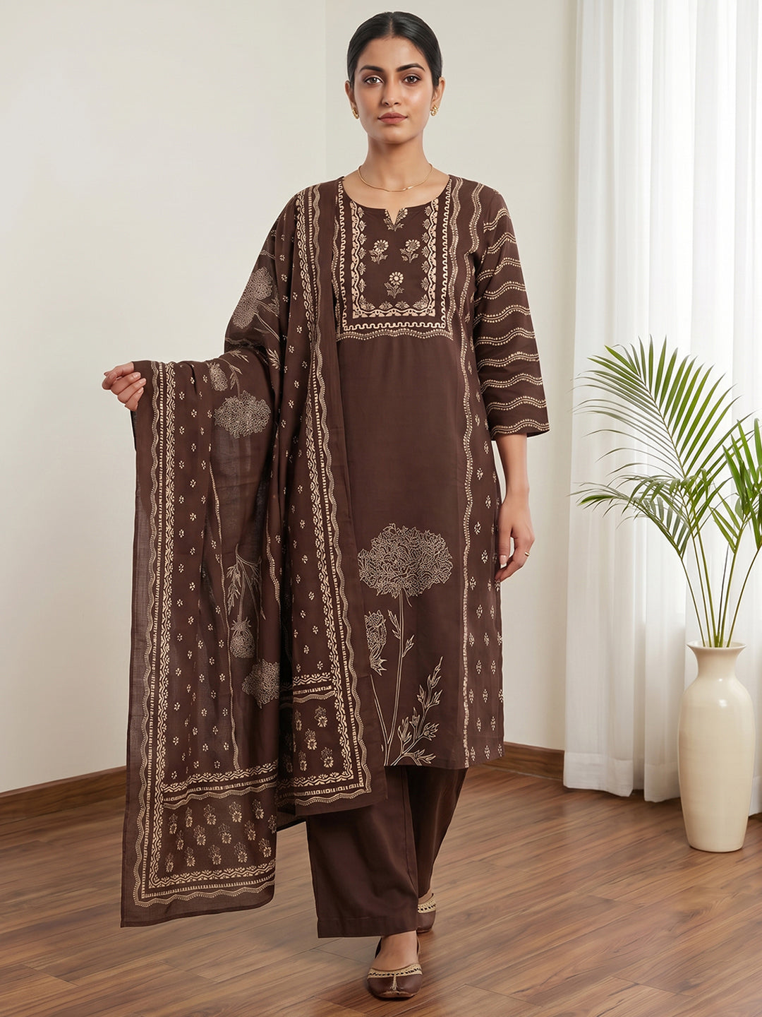 Brown Printed Cotton Blend Kurta With Pant & Dupatta