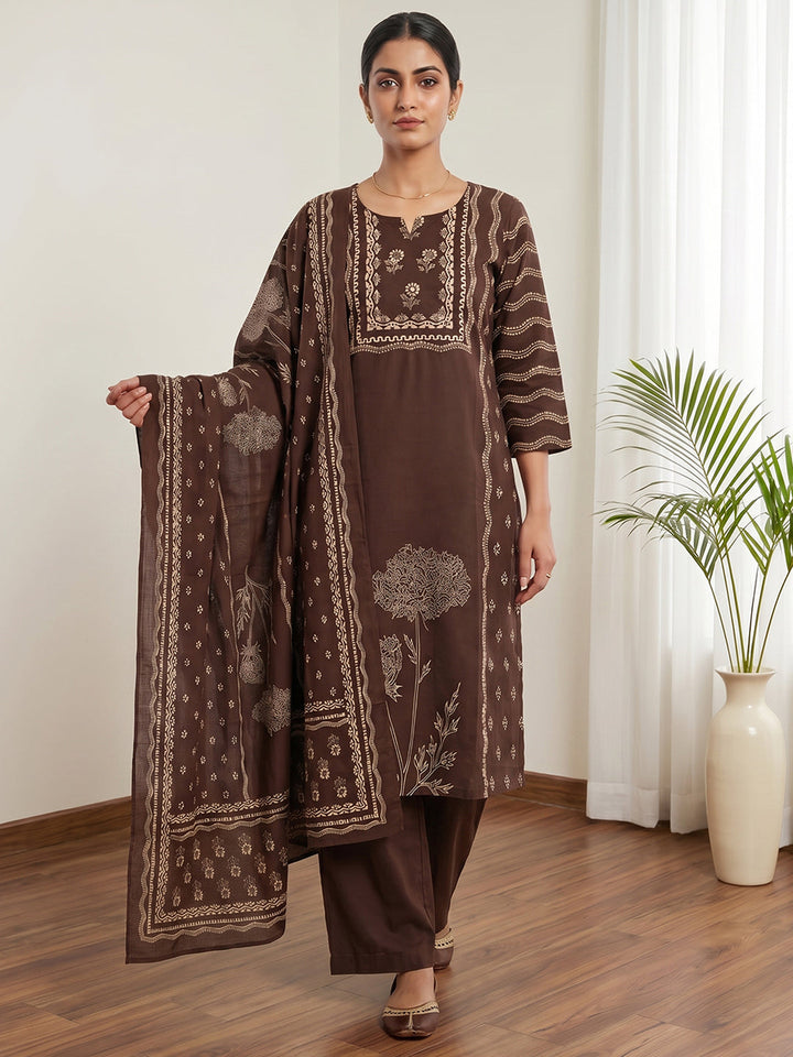 Brown Printed Cotton Blend Kurta With Pant &amp; Dupatta