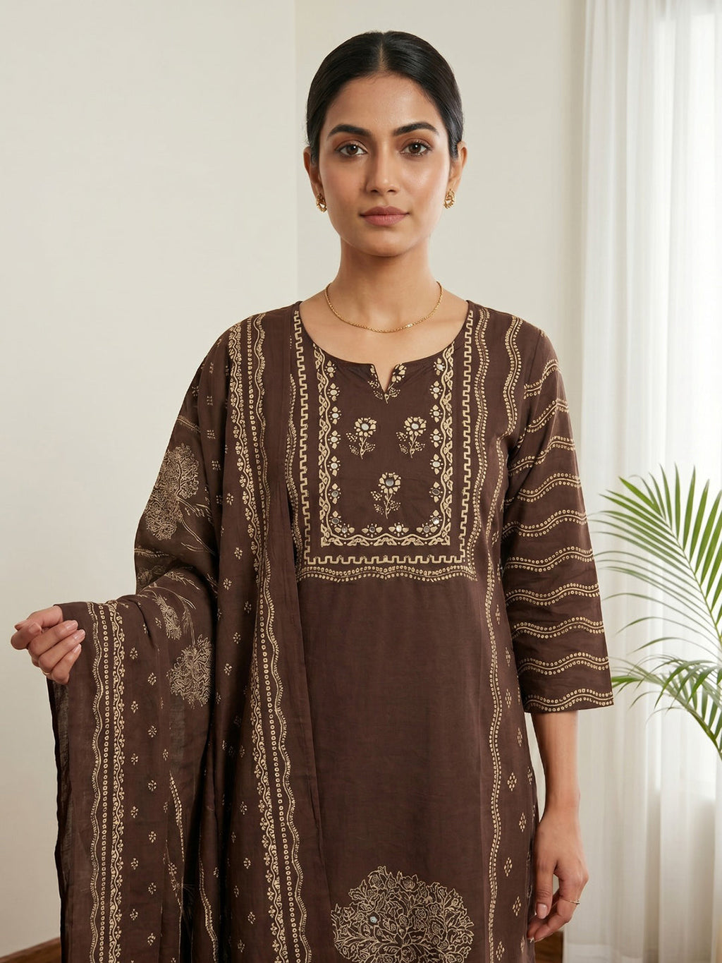 Brown Printed Cotton Blend Kurta With Pant & Dupatta