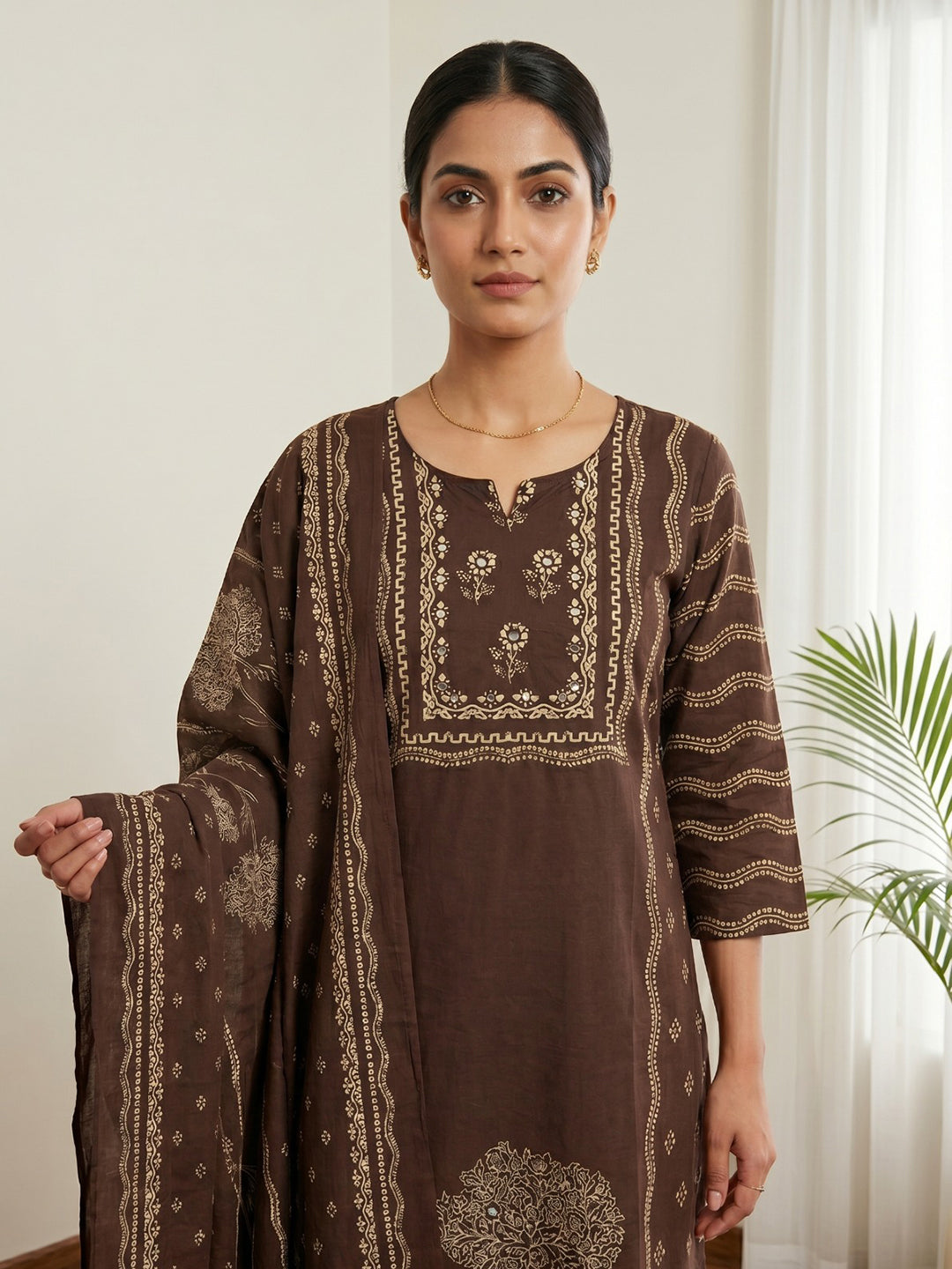 Brown Printed Cotton Blend Kurta With Pant & Dupatta