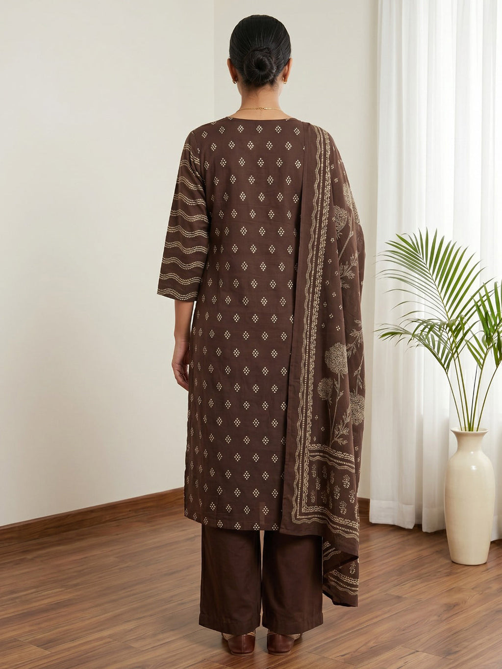 Brown Printed Cotton Blend Kurta With Pant & Dupatta