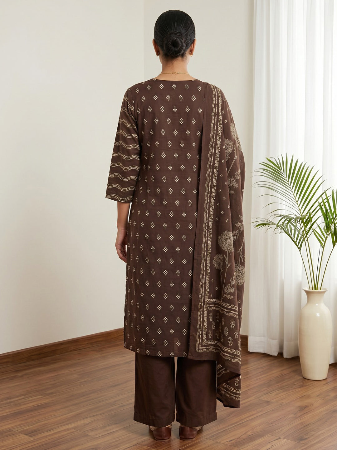 Brown Printed Cotton Blend Kurta With Pant & Dupatta