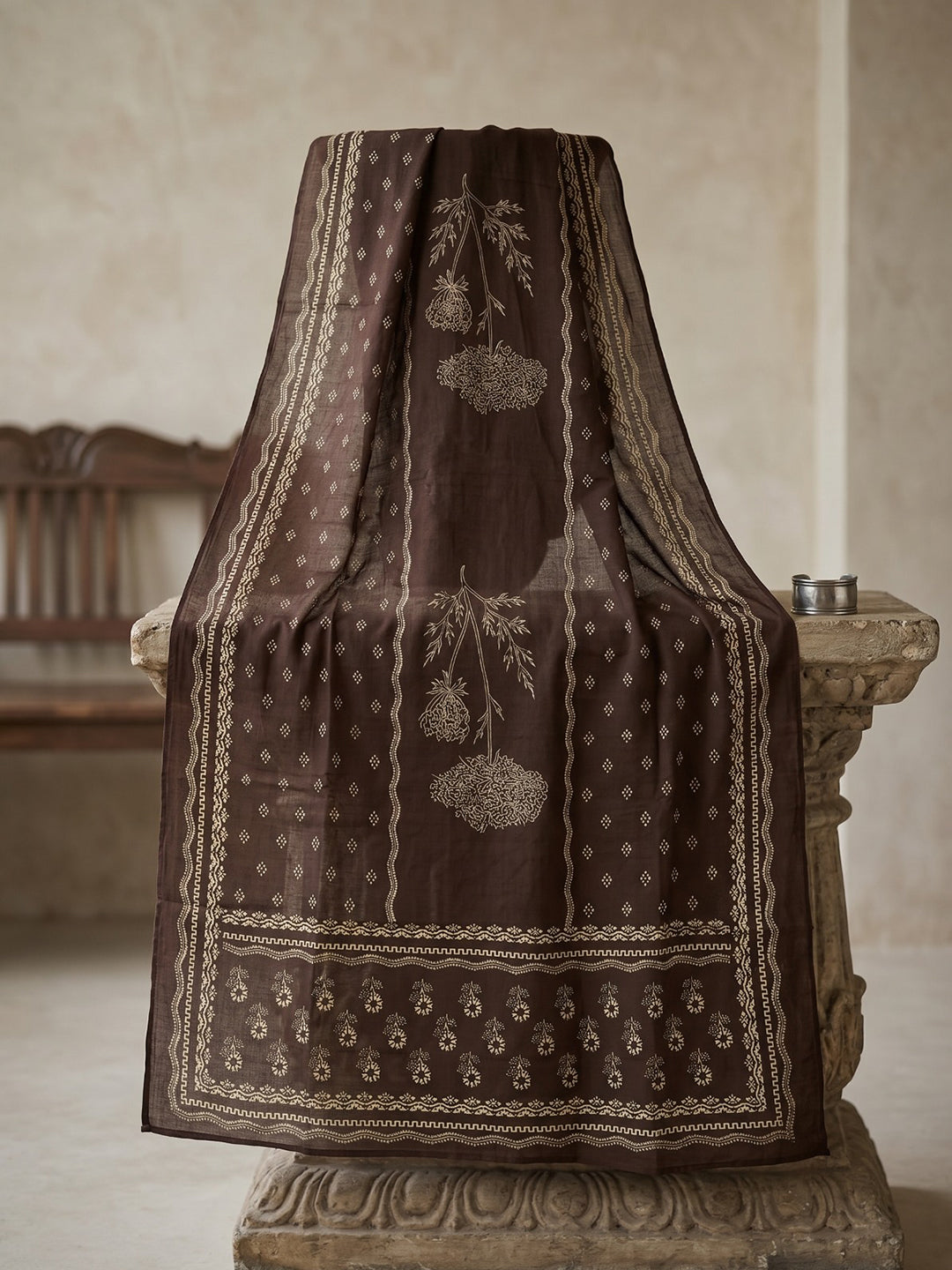 Brown Printed Cotton Blend Kurta With Pant & Dupatta